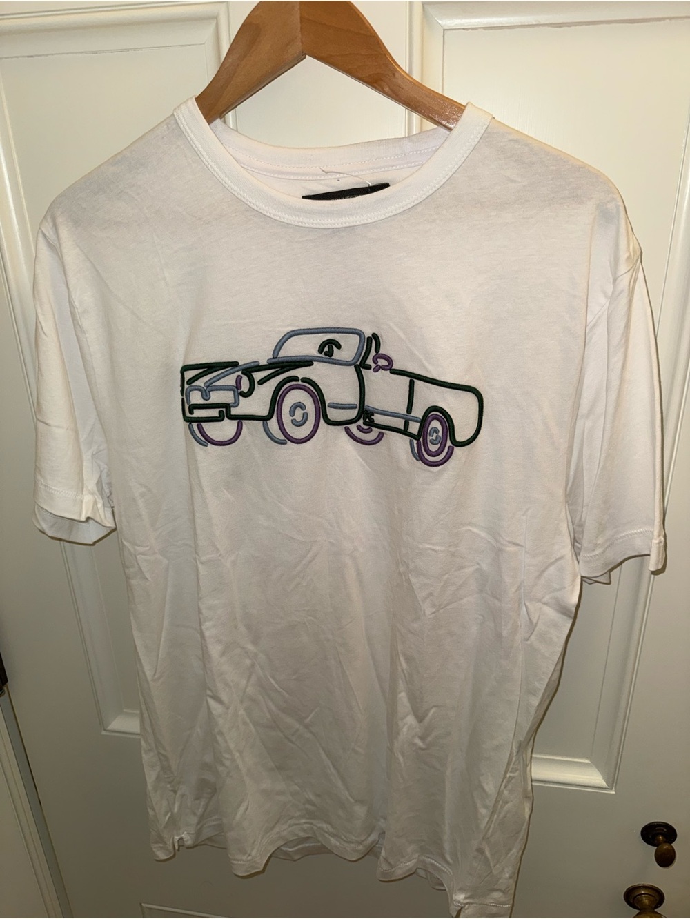 French Connection White Tee with Multicolor Outline Car Graphic